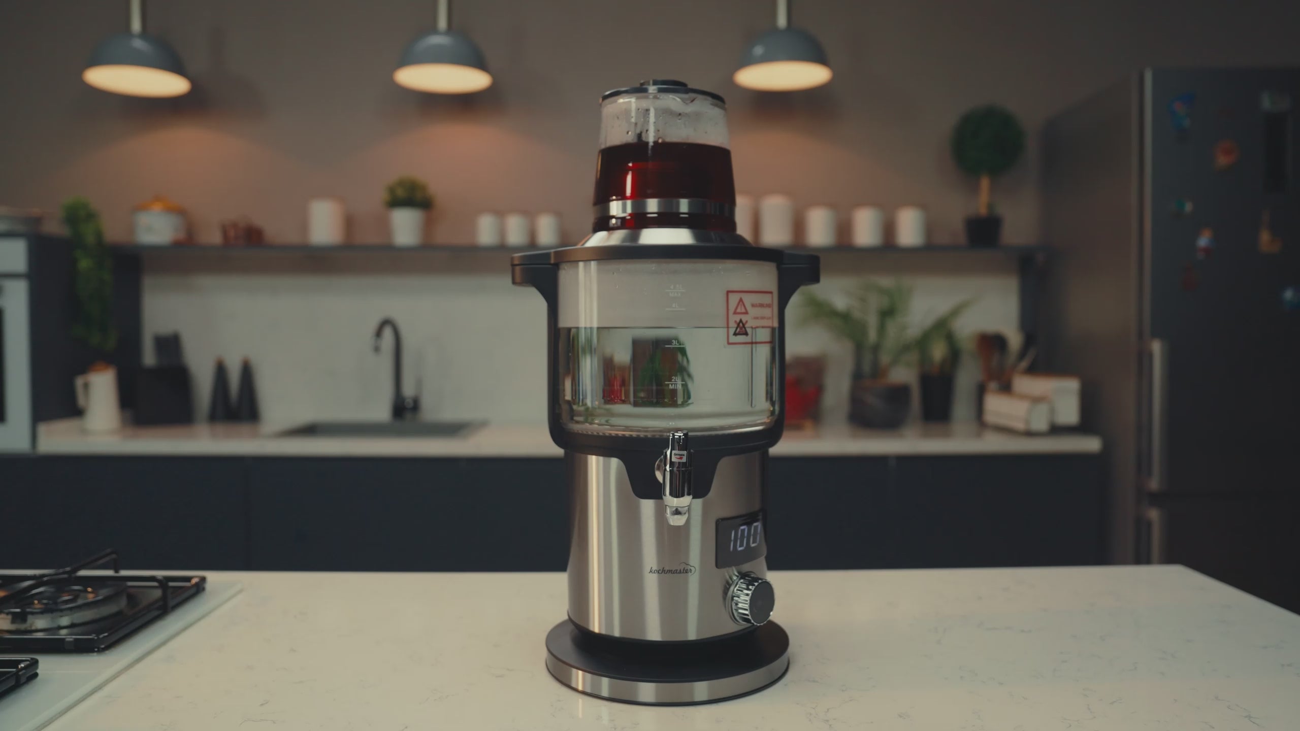 Kochmaster Glas Samowar, 4,5 - 1,1 Liter, Edelstahl, 2000W, Temperaturrregellung Teakocher